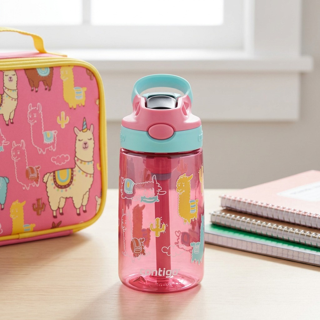 Contigo 14oz Kids Autospout Water bottle with pink llama graphics beside a matching lunch bag.