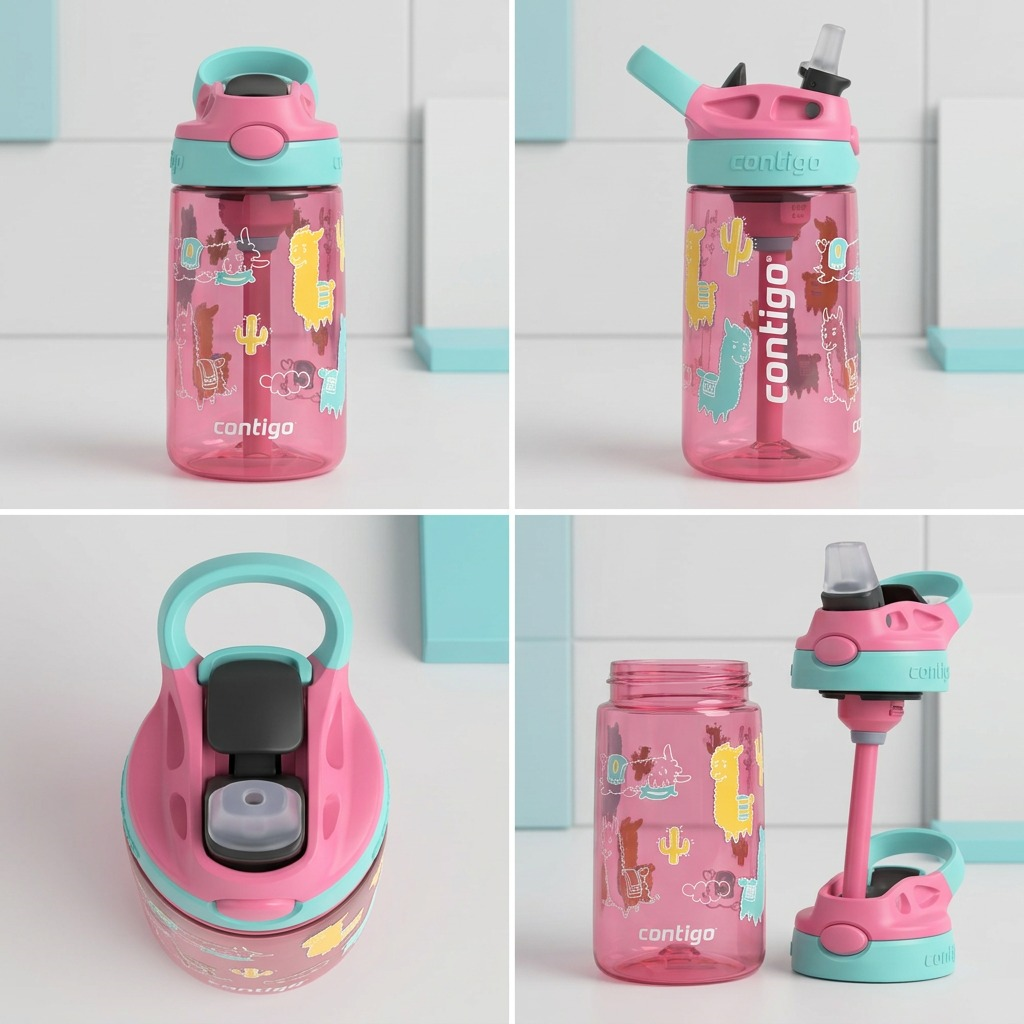 Contigo 14 oz Autospout water bottle shown from four angles including a top view and open lid.