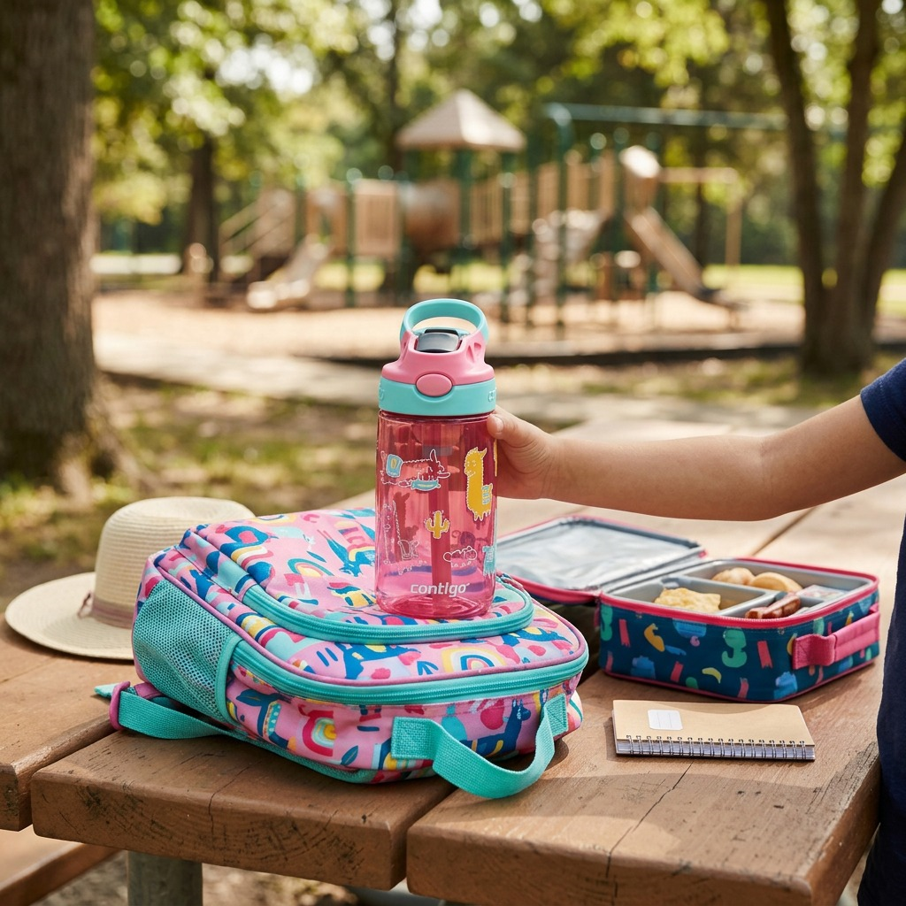 Contigo Kids Autospout Azalea Jade Llama water bottle on a park table with a backpack and lunch box.