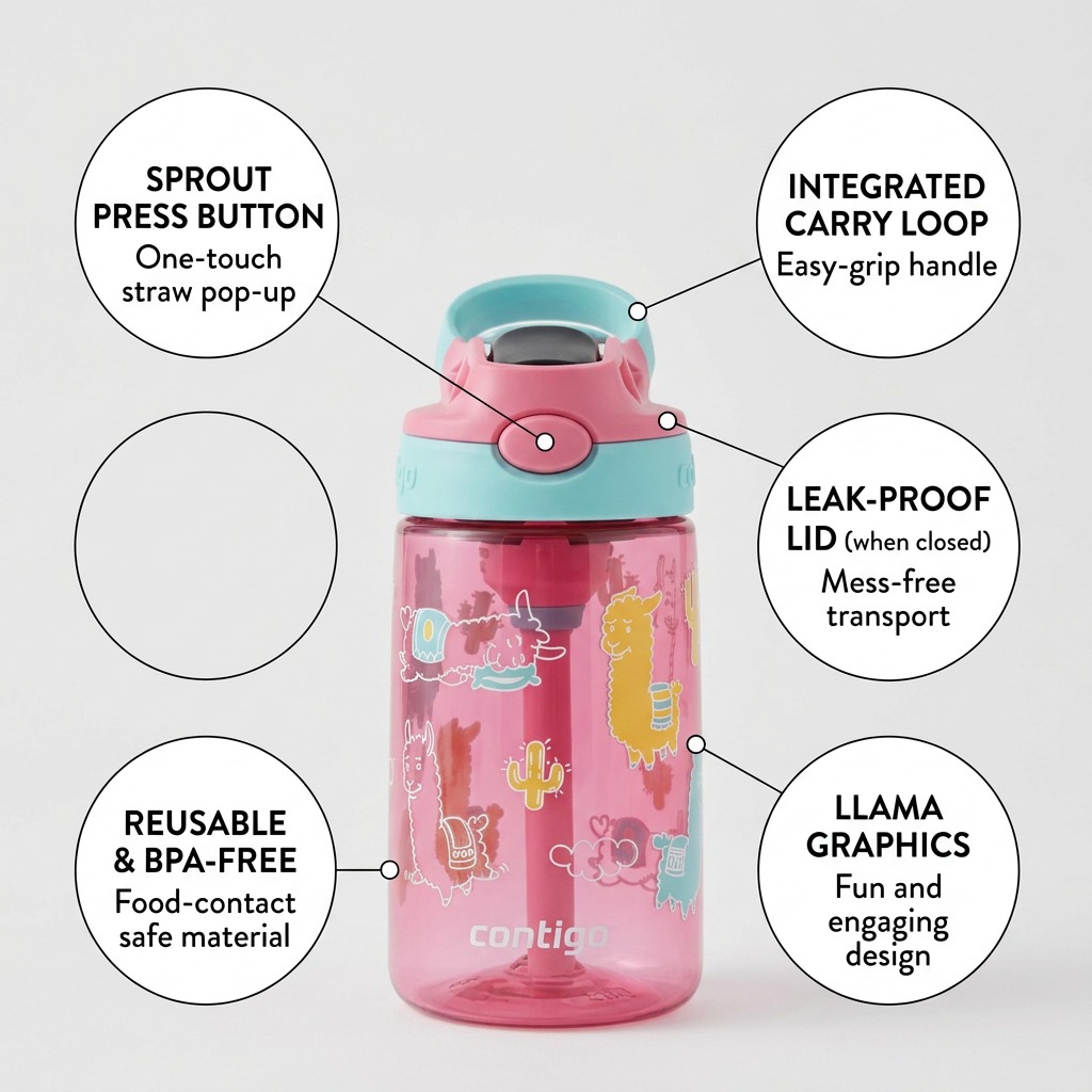 Contigo Kids Autospout Water Bottle diagram showing leak-proof lid, carry loop, and llama graphics.