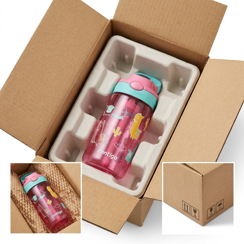 A Contigo 14 oz Llama water bottle securely nestled in protective cardboard shipping packaging.