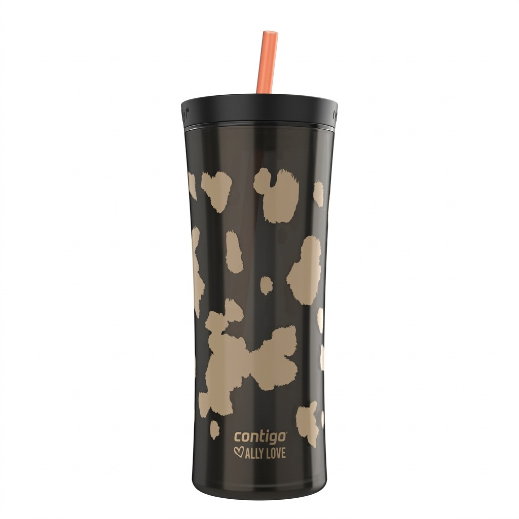 Contigo 20oz Streeterville Shake & Go Tumbler in Licorice with tan spots, lid, and peach straw.