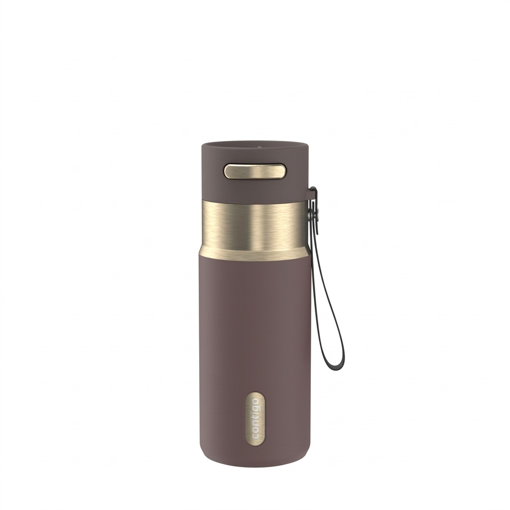 Contigo 16 oz Autoseal PVD Terra travel mug in matte brown with gold band and carrying loop.