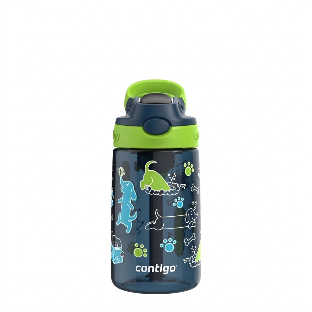 Contigo Kids Autospout 14oz water bottle in blue and lime green featuring a playful dog pattern.