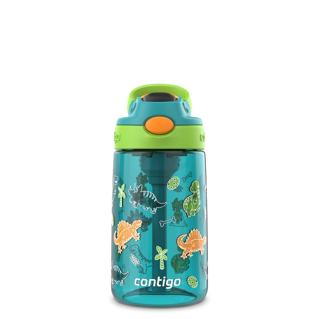 Contigo 14 oz Autospout Kids Water Bottle in Juniper Dinos with a green lid and orange button.
