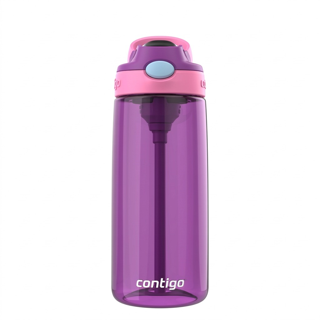 Contigo 20 oz Autospout water bottle in grape purple plastic with a pink and light blue lid.