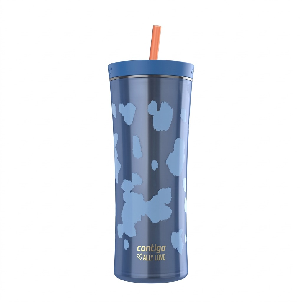 Contigo x Ally Love 20oz blue tumbler with straw against a pure white background.