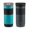 A clean ecommerce hero shot of two Contigo Byron 2.0 16oz travel mugs (teal and dark grey) on a white background.