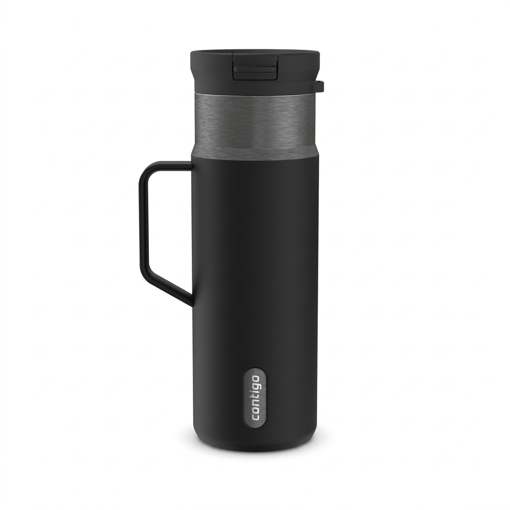Contigo 20 oz Handled Snapseal travel mug in licorice gunmetal with metallic accent on white background.