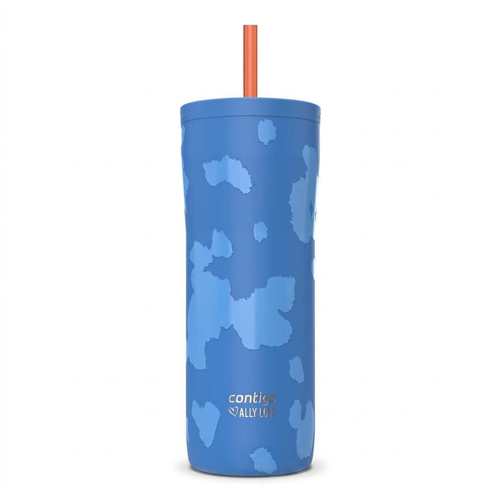 Contigo x Ally Love Streeterville 2.0 24oz Tumbler in Stellar Jay blue with cloud pattern and straw.