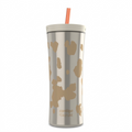 Contigo x Ally Love Streeterville 20oz Shake & Go Tumbler in Oatmilk cow print with orange straw.