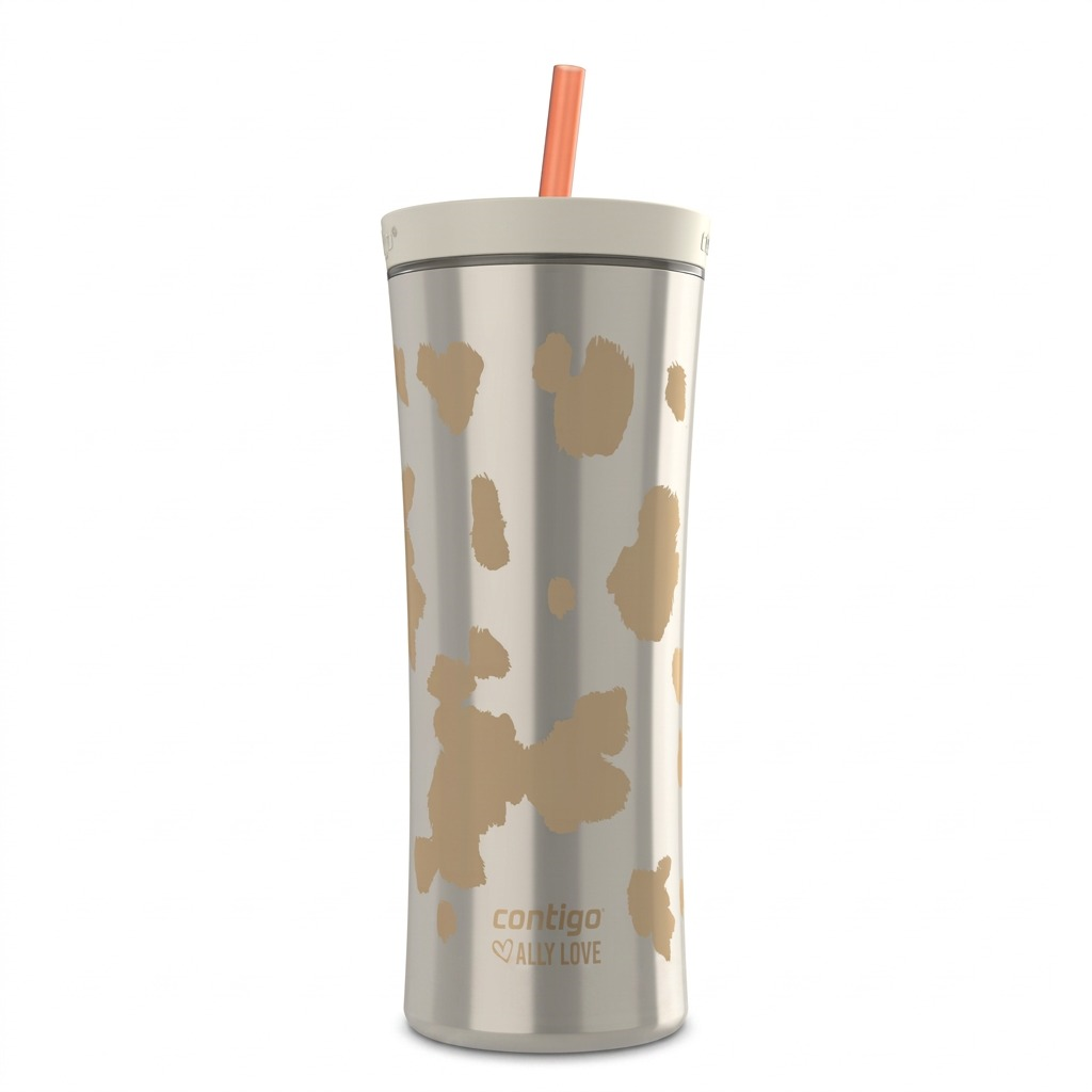 Contigo x Ally Love Streeterville 20oz Shake & Go Tumbler in Oatmilk cow print with orange straw.