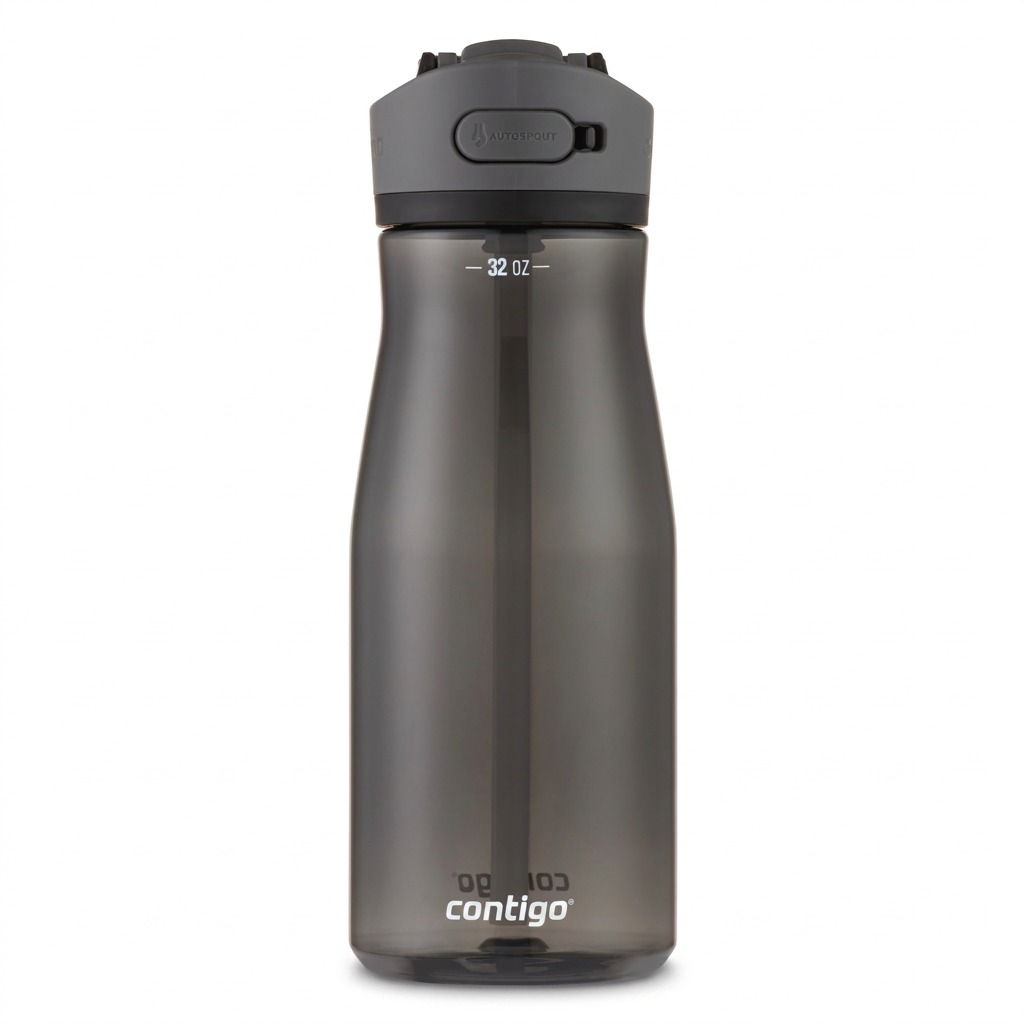 Contigo 32 oz Autospout Ashland 2.0 water bottle in smoky licorice plastic with a gray lid.