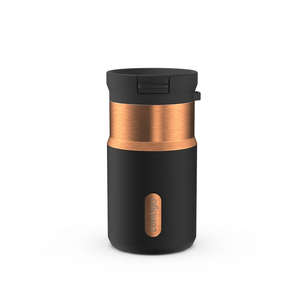 Contigo 10oz Snapseal PVD Travel Mug in Licorice Bronze with a black finish and copper accents.
