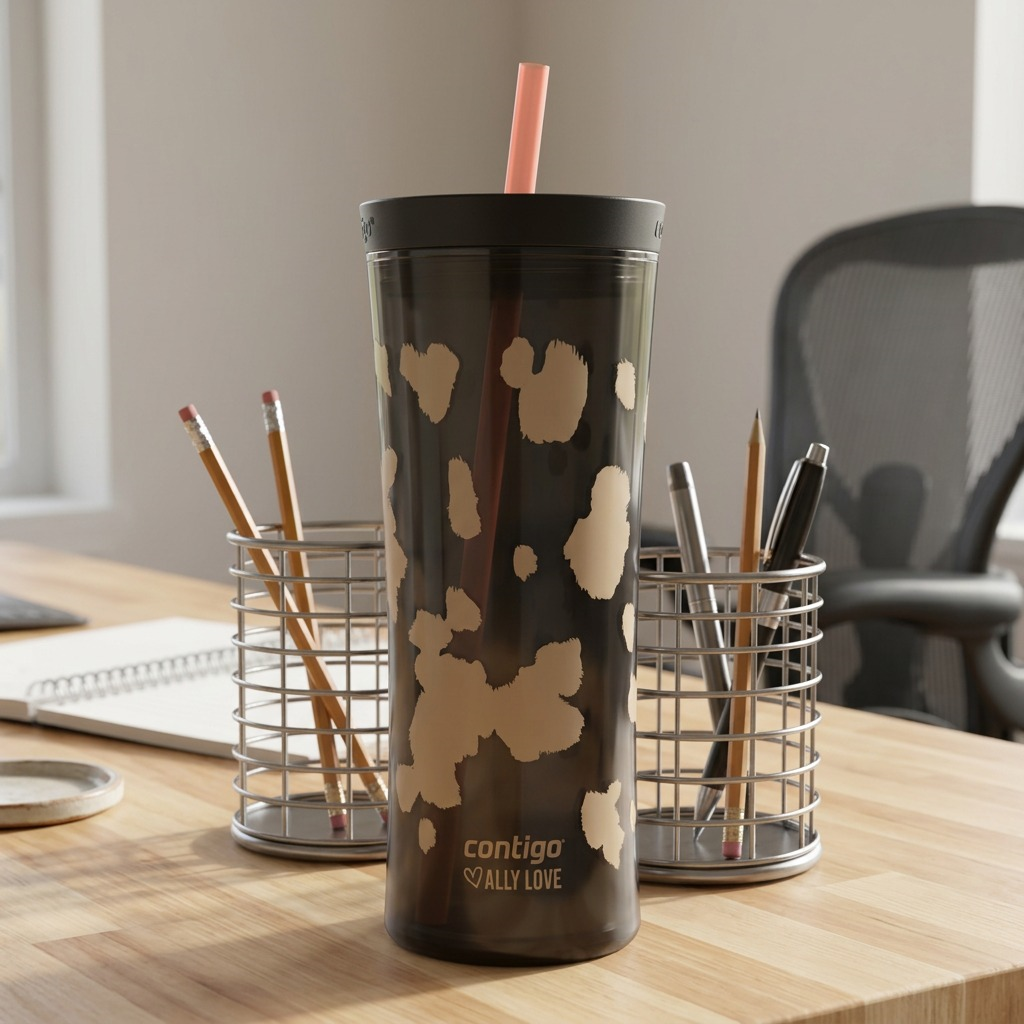 Contigo Streeterville 20oz Shake & Go Tumbler in Licorice on a desk next to pencil holders for scale.