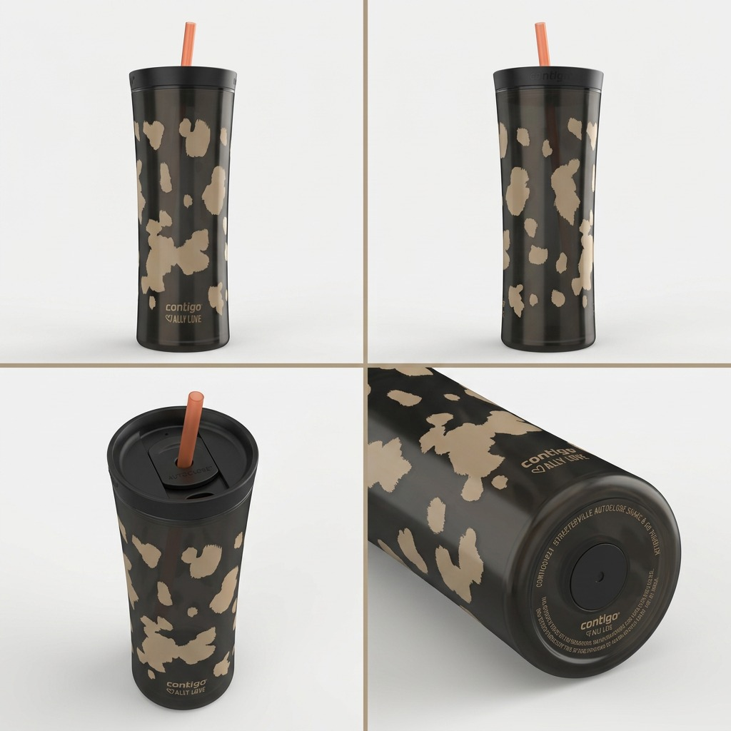 Matrix of four views of a Licorice Contigo Streeterville 20oz Shake & Go Tumbler with tan pattern.