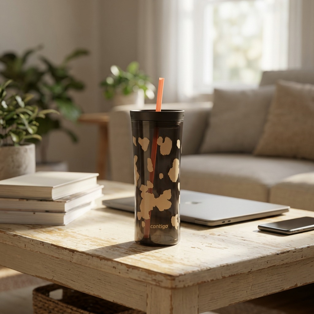 Contigo 20oz Streeterville Shake & Go Tumbler in Licorice on a wooden table in a living room.