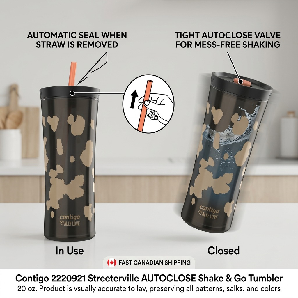 Feature graphic of a 20oz Contigo Streeterville Tumbler showing the leak-proof AUTOCLOSE valve.