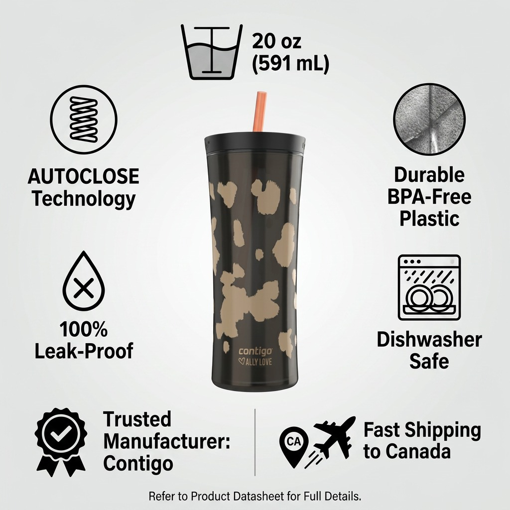 Contigo 20oz Shake & Go Tumbler infographic showcasing leak-proof technology and BPA-free plastic.