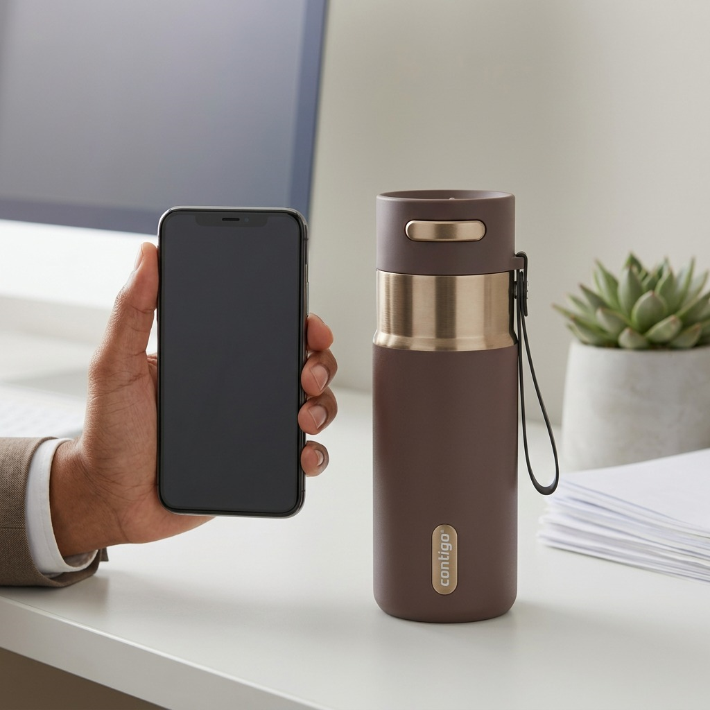 A 16 oz Contigo Autoseal Terra travel mug shown next to a handheld smartphone for size reference.