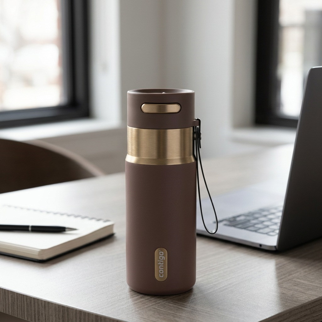 Brown and gold Contigo Autoseal travel mug sitting on a desk next to a laptop and notebook.