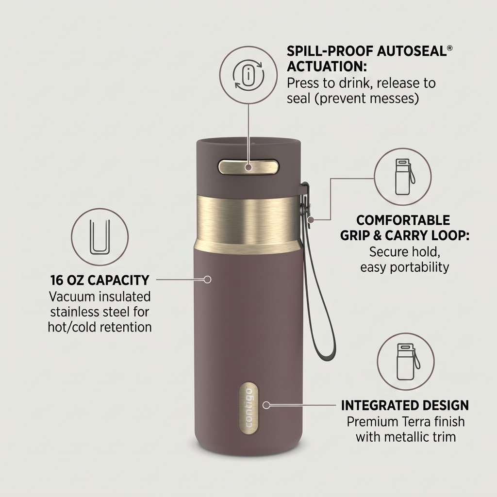 Contigo 16 oz Autoseal travel mug in Terra finish featuring spill-proof lid and vacuum insulation.