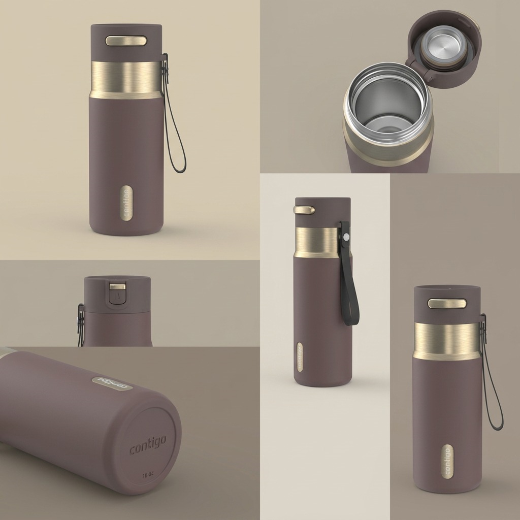 Multiple angles of the 16 oz Contigo West Loop 2.0 Terra PVD travel mug showing the lid and base.