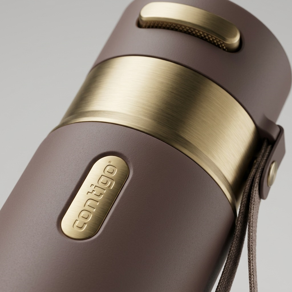 Macro detail of the Contigo West Loop 2.0 Terra mug showing the gold-tone Autoseal button and trim.