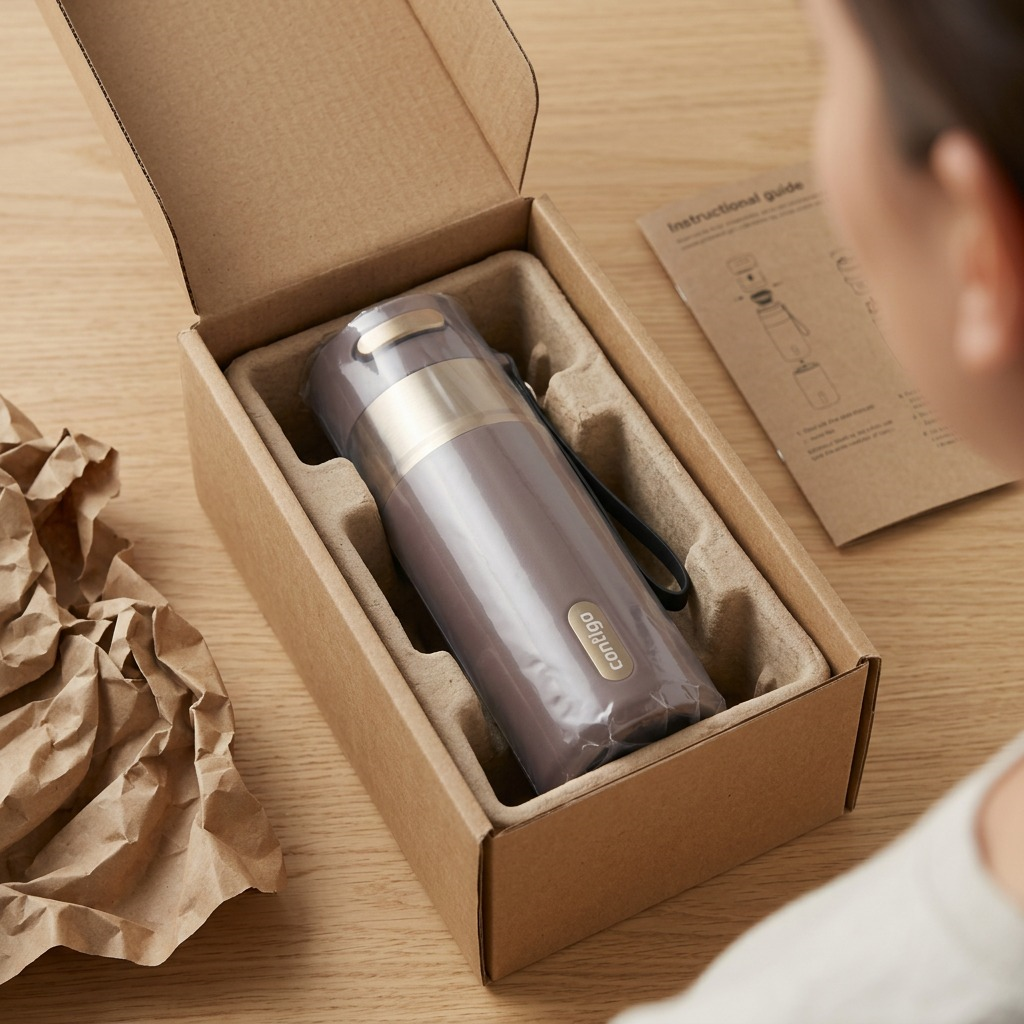 Protective unboxing of a Contigo Terra travel mug in a secure cardboard shipping box with padding.