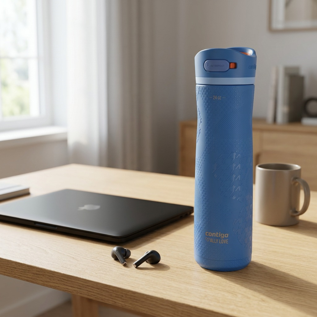 Contigo x Ally Love Ashland Chill 2.0 24oz water bottle on a desk next to a laptop and coffee mug.