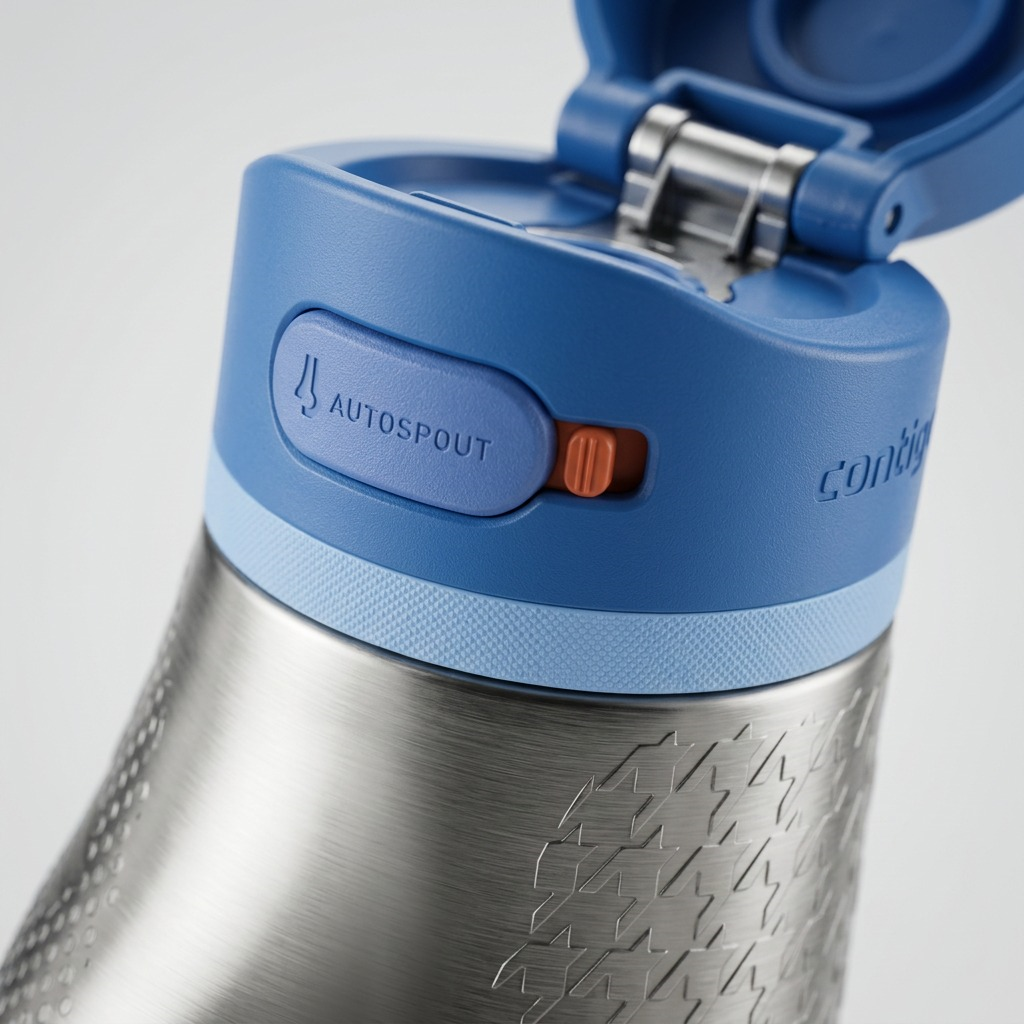 Macro view of the Contigo Ashland Chill 2.0 blue lid, showing the Autospout button and lock.