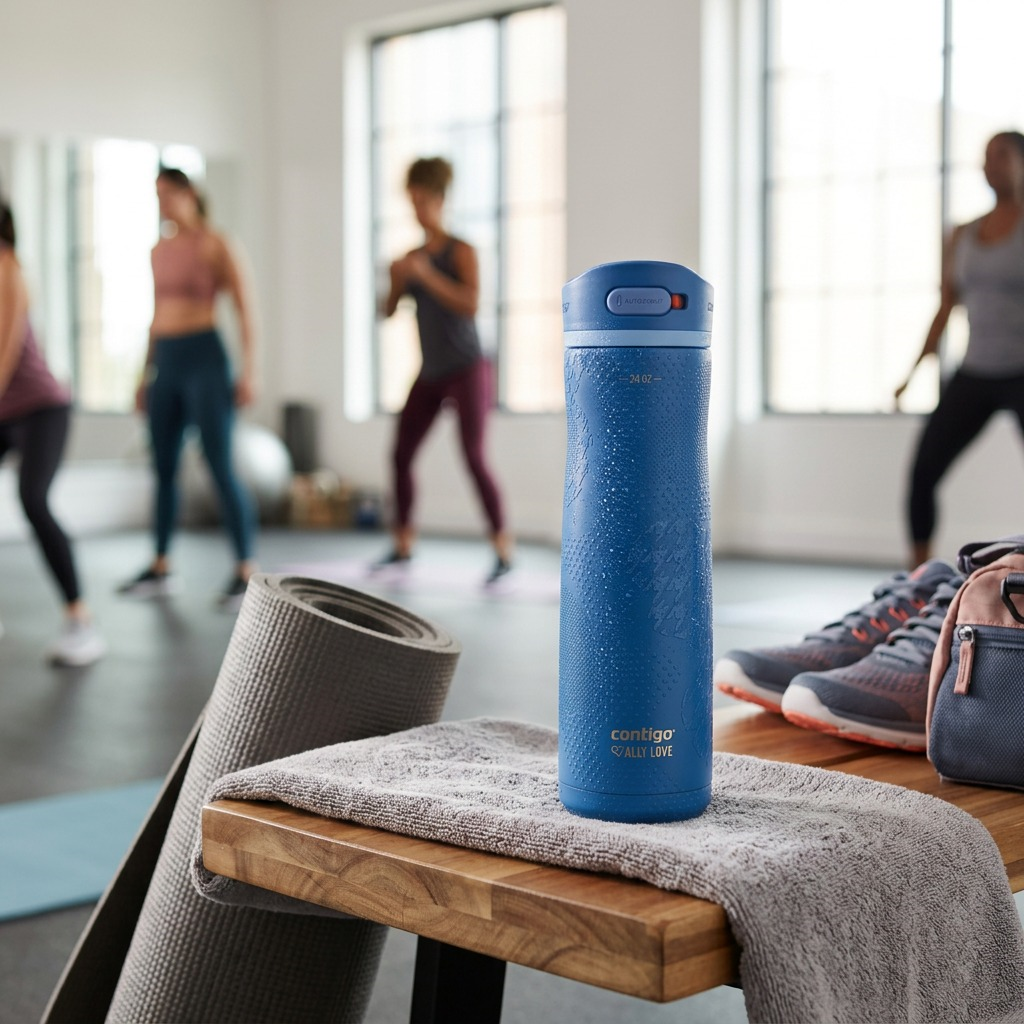 Blue Contigo x Ally Love water bottle on a gym bench with a towel, yoga mat, and blurred athletes.