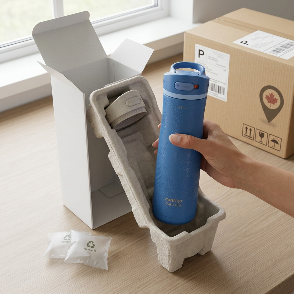 Person unboxing a blue Contigo Ashland Chill 2.0 water bottle from secure cardboard packaging.