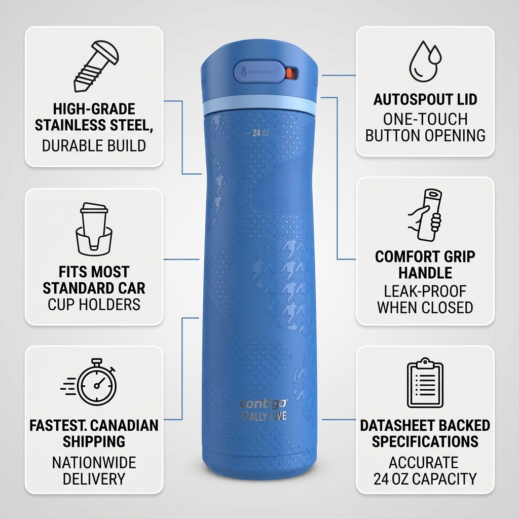Contigo x Ally Love Ashland Chill 2.0 blue water bottle infographic highlighting stainless steel, autospout lid, cup holder fit, and fast Canadian shipping.