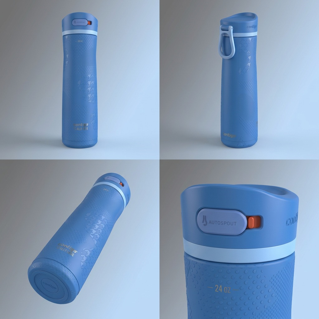 Four views of the 24oz Contigo Ashland Chill 2.0 Stellar Jay water bottle showing different angles and the AUTOSPOUT lid.