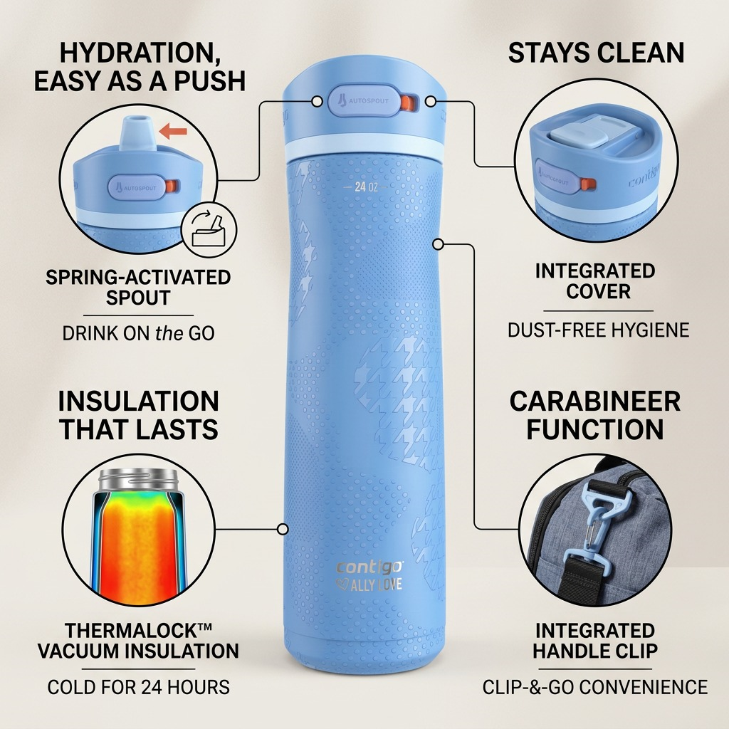 Feature diagram of the Contigo x Ally Love Ashland Chill 2.0 bottle showing his-and-hers spout.