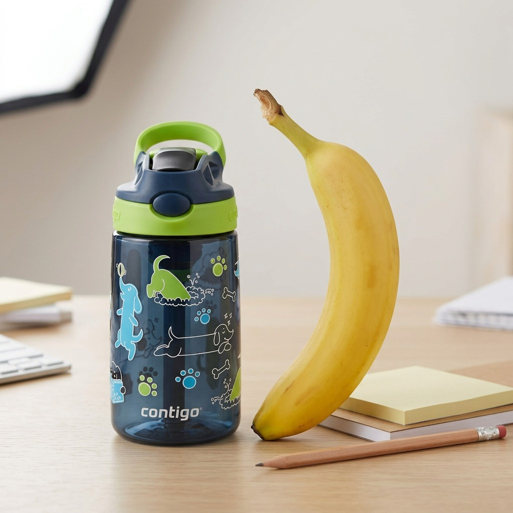 Contigo 14oz Kids Autospout water bottle with dog print shown next to a banana for scale reference.