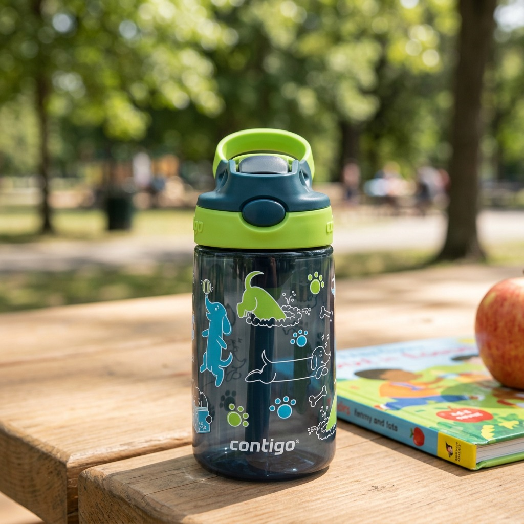 Contigo Kids 14oz Autospout water bottle with dog print on a park picnic table alongside a book.