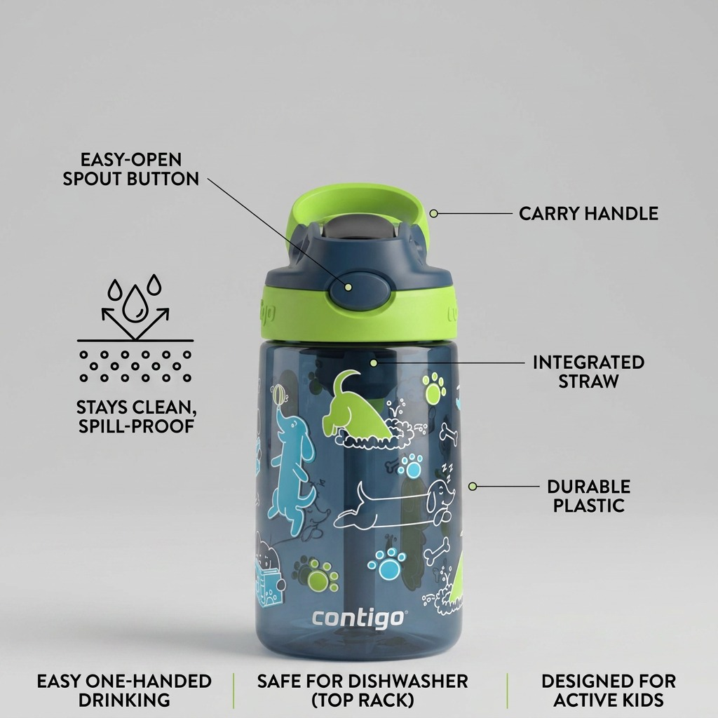 Contigo Kids Autospout dog-themed water bottle with labels for the easy-open button and carry handle.
