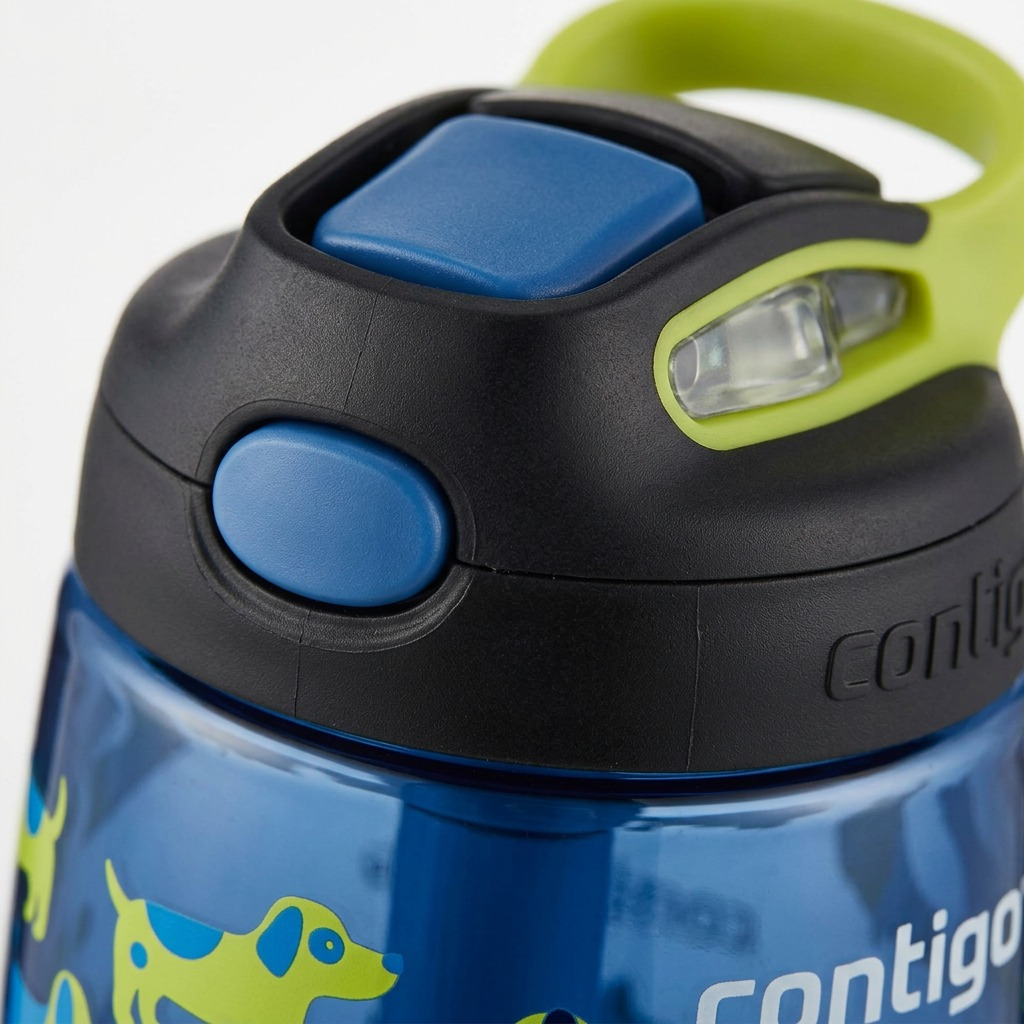Close-up of a blue Contigo Kids Autospout lid with a blue release button and green carry handle.