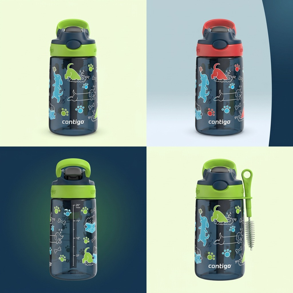 Grid showing the Contigo 14oz Autospout water bottle in lime and red variants with a cleaning brush.