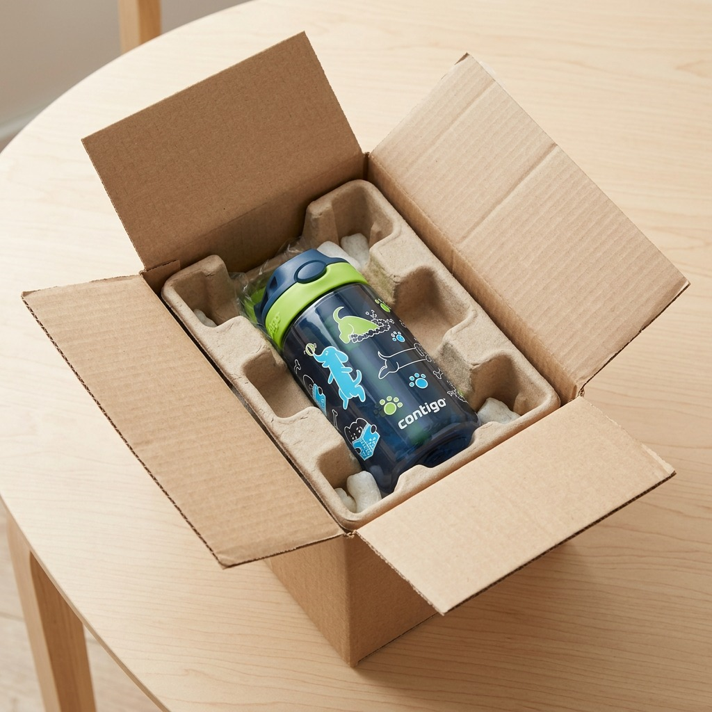 Contigo Kids Autospout dog-print water bottle securely packed in a shipping box with protective inserts.