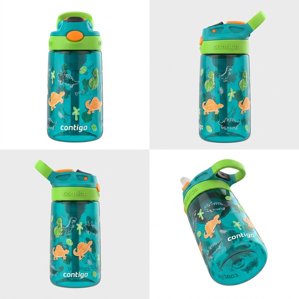 Grid showing four angles of a teal 14oz Contigo Kids Autospout bottle with dinosaur graphics.