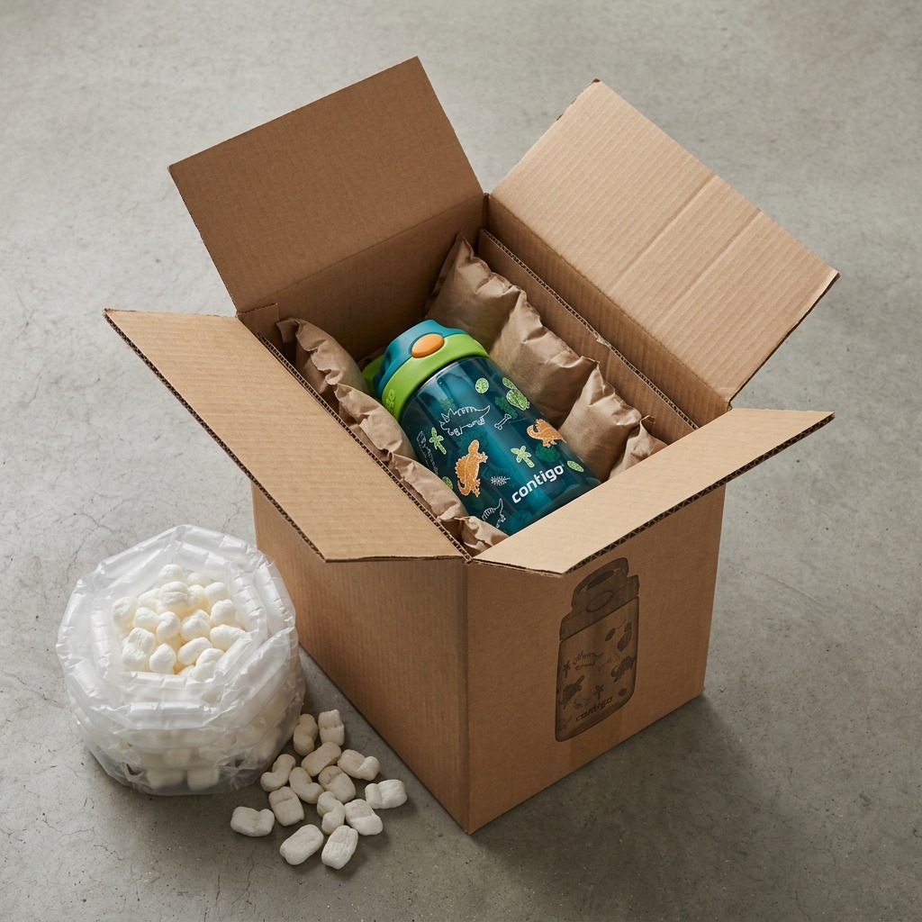 A Contigo Kids Autospout Juniper Dinos water bottle securely packed in a shipping box with paper.