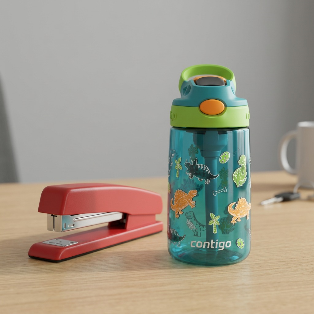 Contigo 14oz Juniper Dinos water bottle shown next to a red stapler on a desk for size reference.