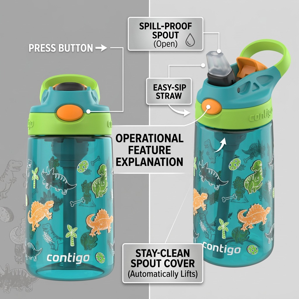 Contigo Kids Autospout Juniper Dinos bottle features: spill-proof straw and stay-clean spout cover.
