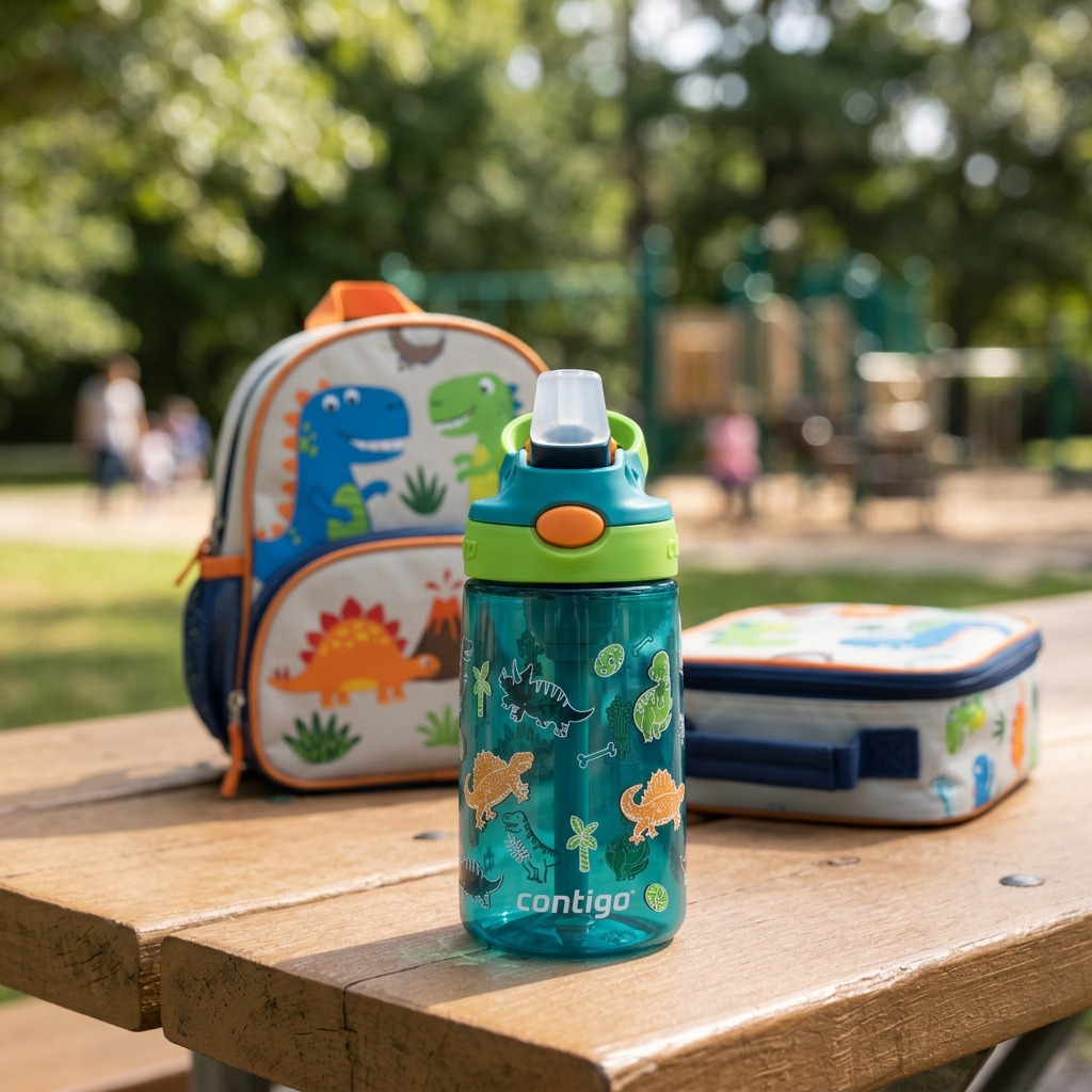 A Contigo Kids Autospout Juniper Dinos water bottle on a picnic table next to a dinosaur backpack.