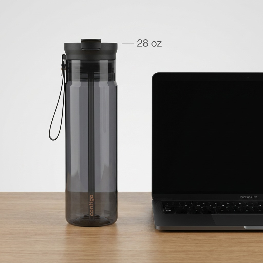 Contigo 28 oz Dual Sip licorice water bottle shown on a desk beside a laptop to illustrate scale.