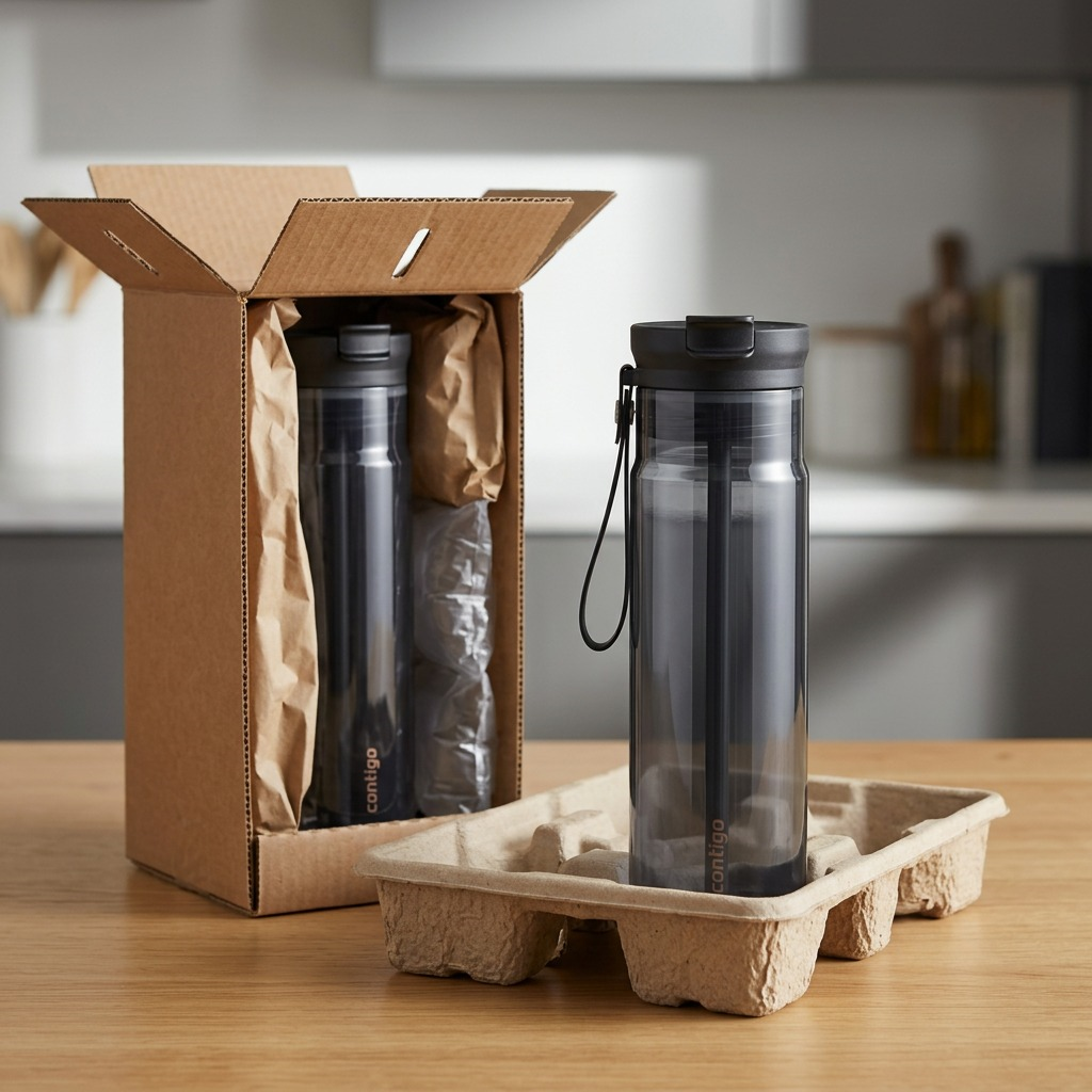 A black Contigo Dual Sip 28 oz water bottle unboxed with protective cardboard and paper packaging.