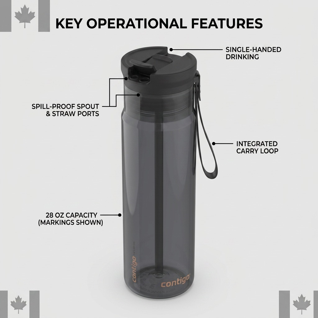 Contigo 28oz Licorice Water Bottle showing spill-proof spout, carry loop, and one-handed drinking.